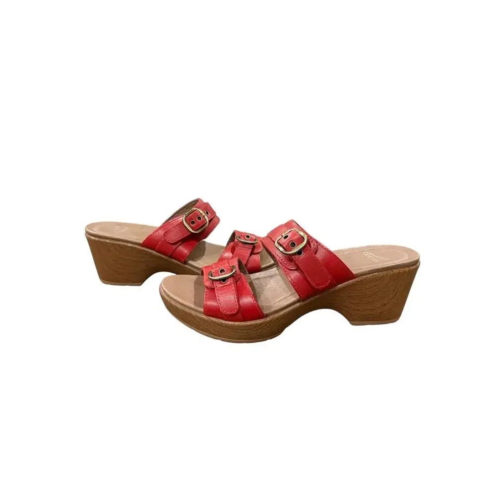 Dansko Jessie Leather Sandals Womens 37 Red Platform Buckle Strap Wedge Heel - Picture 4 of 9